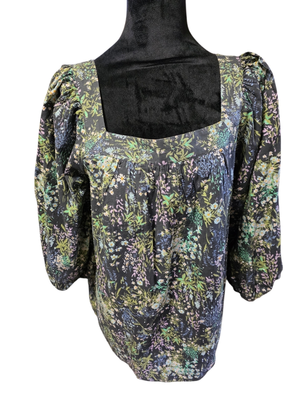 LC Lauren Conrad Black Floral Square-Neck Puff Sleeve Top